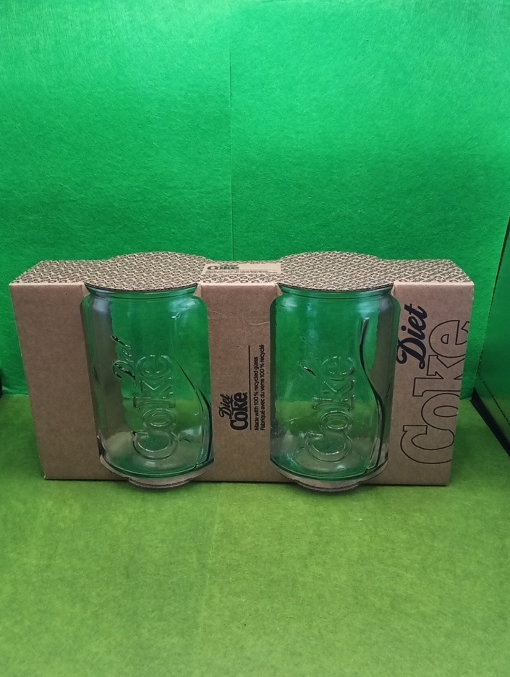 Home- Drinkware. 2pk Diet Coke Can Sculptured Clear Glasses. Recyclcled Glass